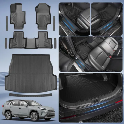 Vista 2 de Alfombrillas actualizadas para Toyota RAV4 2025-2019 y RAV4 Hybrid+placas para umbral de puerta, 9 piezas, revestimientos de suelo TPE + alfombrilla