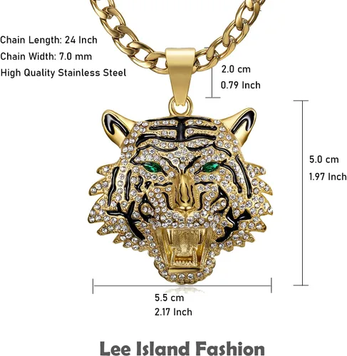 Vista 5 de CJiePeiC CZ Fully Roaring Tiger Head With Green Red Eyes Pendant Punk Rock Stainless Steel Necklace, 24 Inch 7mm Chain For Men Hip Hop Animal