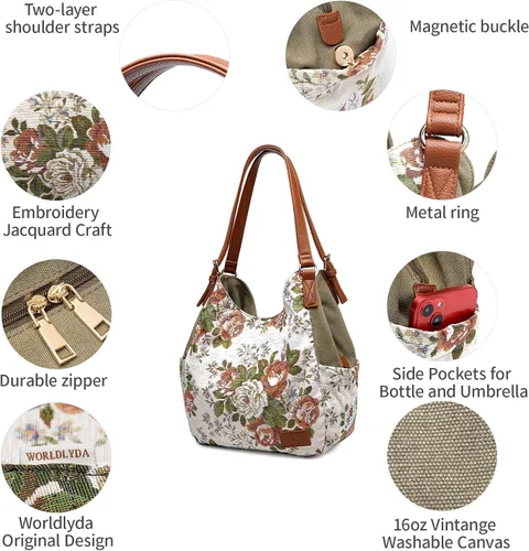 Vista 3 de Worldlyda Women Canvas Hobo Purse Multi Pocket Tote Shopper Shoulder Bag Casual Top Handle handbag with Embroidery Ethnic