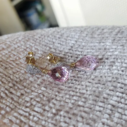 Vista 4 de Galaxy Gold GG Pendientes de oro macizo de 14 quilates con diamantes y topacio rosa