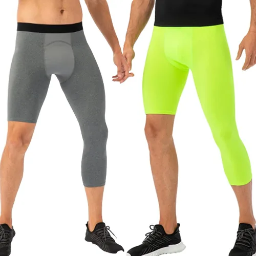Vista 35 de Pantalones de compresión para hombre, mallas de compresión de una pierna para baloncesto, capri 3/4, leggings atléticos, capa base de secado fresco