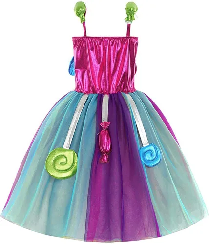 Vista 3 de Disfraz de caramelo de arcoíris para niñas, vestido tutú de princesa caramelo con aro para el pelo, cumpleaños, fiesta de Halloween