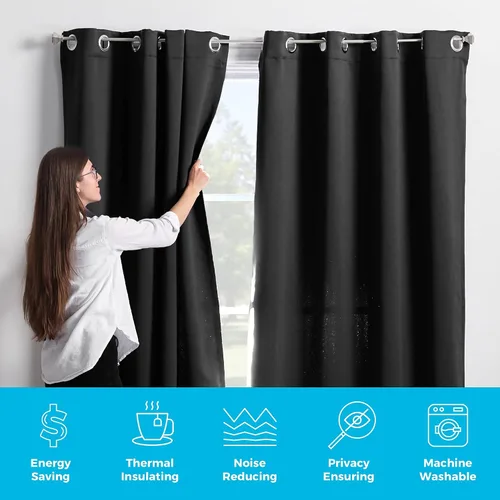 Vista 4 de Linenspa Juego de 2 paneles de cortinas opacas 85% - Cortinas negras de 84 pulgadas de largo, aislamiento térmico, reducción de ruido, esenciales
