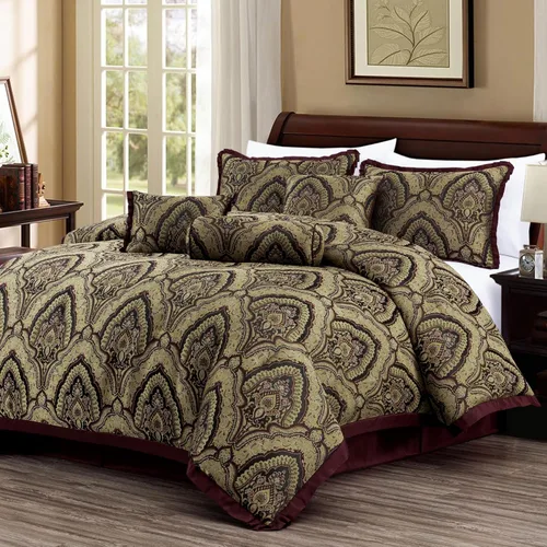 Vista 15 de Chezmoi Collection Juego de edredón Jacquard Floral de 7 piezas, color negro y dorado, con medallón de diamante, tamaño Queen Negro/Marrón Floral