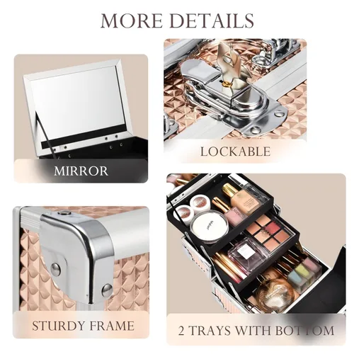 Vista 5 de FRENESSA Estuche de Maquillaje Tipo Maleta, Caja de Maquillaje Portátil con Espejo, Caja con Cerradura, Estuches de Maquillaje de Viaje Tipo Maleta