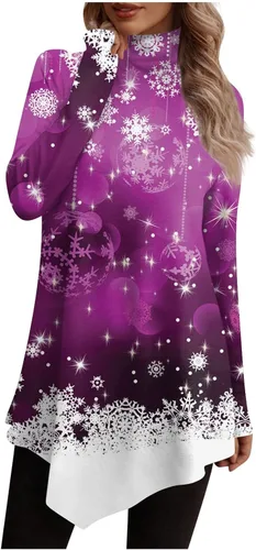 Vista 4 de Christmas Shirts, Women's Daily Casual Christmas Print Blouse High Neck Dressy Shirt Pullover Casual Long Sleeve T-Shirt