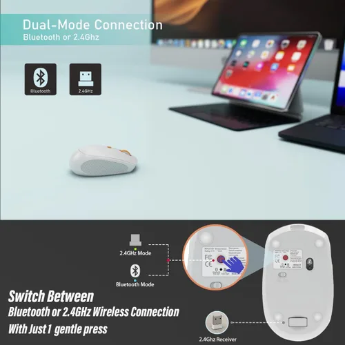 Vista 2 de Ratón inalámbrico silencioso para trabajo y estudio, Bluetooth de modo dual + receptor USB de 2.4G, recargable, cómodo para largas horas, compatible