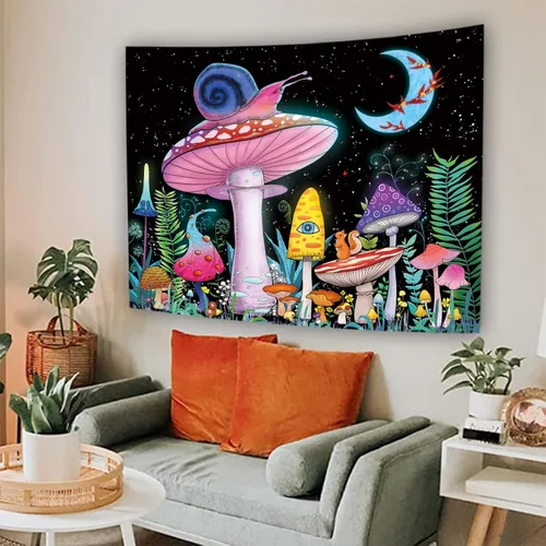Vista 6 de ZYLLGLOW Tapiz de hongos trippy, tapiz de luna y estrellas, tapiz rosa de caracol, tapiz de plantas y hojas de fantasía, tapices de ojos trippy