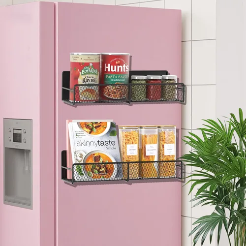 Vista 4 de Estante magnético para especias para refrigerador, paquete de 2 estantes magnéticos para refrigerador con 4 ganchos, estantes magnéticos negros
