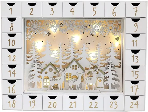 Vista 3 de Calendario de Adviento de madera de Navidad con 24 cajones para llenar pequeños regalos, escena de Navidad con luces LED, cuenta regresiva