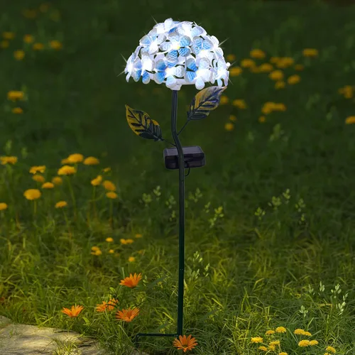 Vista 3 de Hortensia solar con 26 luces LED, estaca de metal para tierra, 3 colores, decoración de estaca de flores para exteriores (azul)