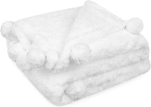 Vista 9 de PAVILIA Manta de sherpa negra para sofá, cálida manta de felpa con pompones, manta mullida para sofá, ligera, suave y acogedora con pompones, 50 x