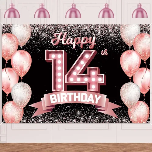 Vista 132 de Cartel de feliz cumpleaños décimo oro rosa, telón de fondo, saludos a 10 años, globos de confeti, decoración temática para niñas de 10 años
