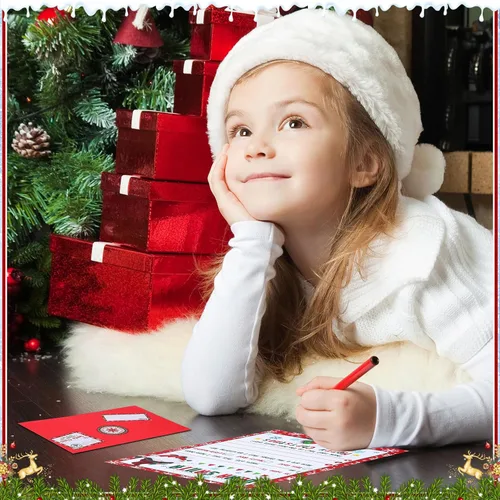 Vista 4 de 75 piezas de kit de escritura de cartas a Papá Noel, lista de deseos navideños, 15 cartas en blanco de Navidad para rellenar con sobres rojos