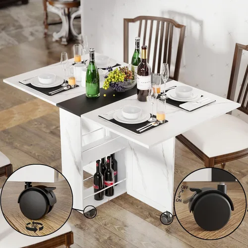 Vista 8 de 3imothrix Mesa de comedor plegable, mesa de comedor con cajón y almacenamiento y estantes, mesa de comedor que ahorra espacio con 6 ruedas, mesa