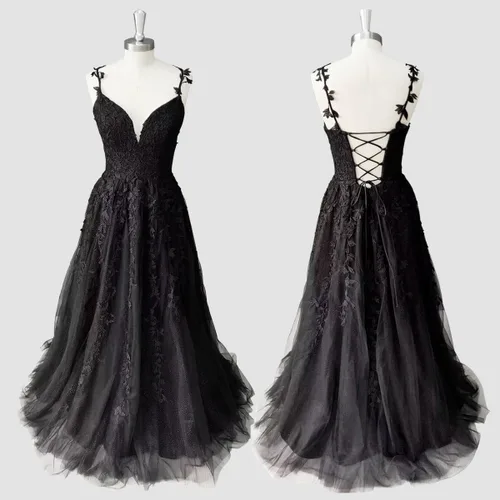 Vista 5 de Vestidos de fiesta de tul con purpurina para mujer, apliques de encaje, gwons de bola larga con tirantes delgados, vestidos de noche en línea A 2023