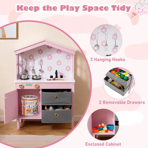 Vista 4 de Costzon Cocina de Juguete para Niños, Juguete de Cocina Montessori Little Chef con 2 Estufas, Perillas Giratorias, Grifo, Fregadero, Lavavajillas, 2