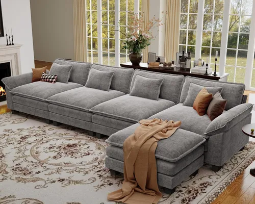 Vista 55 de Sofá modular de gran tamaño de 154 pulgadas, cómodo sofá en forma de U con 3 otomanas móviles, sofá moderno de felpilla de 7 plazas para sala