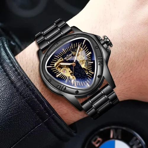 Vista 3 de Winner Fashion - Reloj de pulsera mecánico triangular de carreras, esfera de esqueleto dorado impermeable, movimiento automático, reloj mecánico