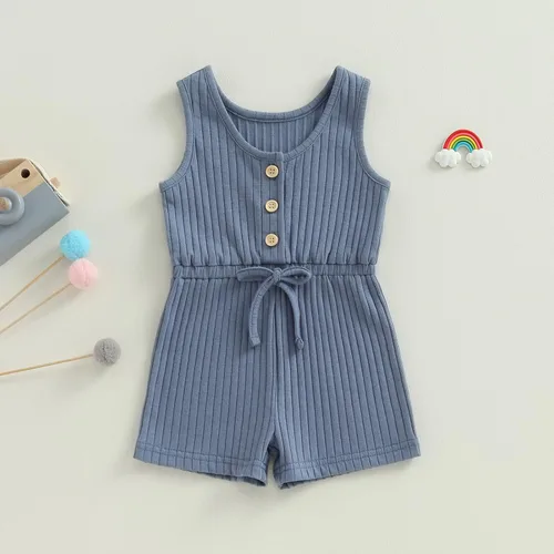 Vista 16 de Traje de verano para niña pequeña, de manga corta, acanalado, overol liso, pantalones cortos, ropa para recién nacidos