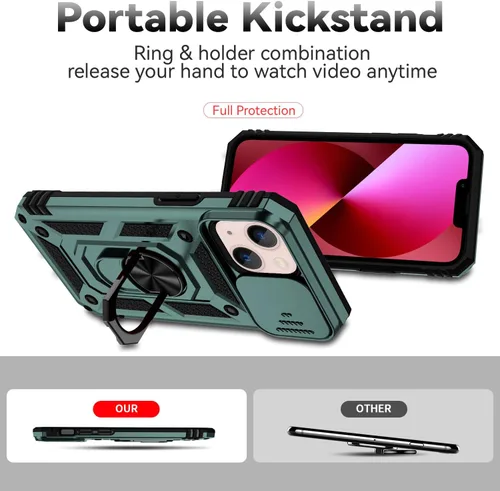 Vista 3 de Funda para iPhone 13, con cubierta para lente de cámara, protector de pantalla HD, [grado militar] anillo de montaje en coche con soporte híbrido
