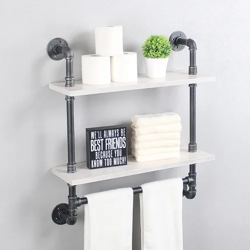 Vista 19 de MBQQ Estantes de tubería para baño en negro y blanco con toallero sobre el inodoro, estantes flotantes de 24 pulgadas de madera de pino para montaje