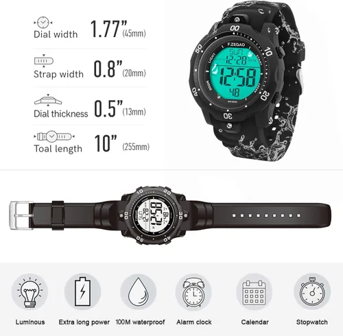 Vista 7 de F.ZEGAO Men Digital Sports Watch, 100M Diving Grade Waterproof Watch with Stopwatch Countdown Timer Alarm Function Dual Time Silicone Strap Wrist