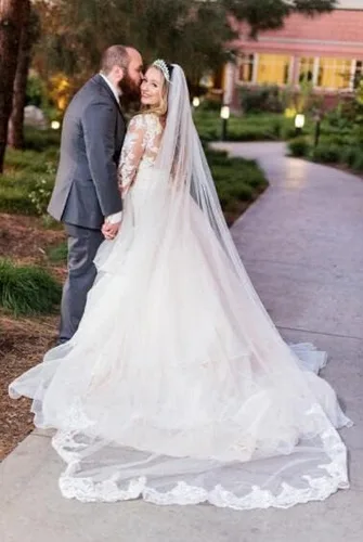 Vista 5 de Babyonline Wedding Veils White Ivory Lace Edge Cathedral Length Wedding Bridal VeilComb