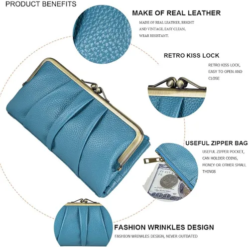 Vista 5 de Billetera de cuero suave para mujer, compacta plegable RFID, monedero con cremallera y cierre de beso