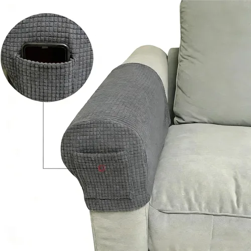 Vista 3 de Juego de 2 fundas elásticas para brazos de sofá con bolsillo, fundas extraíbles antideslizantes para reposabrazos para sillón reclinable y sillones