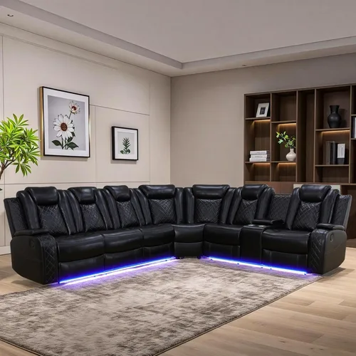Vista 20 de Juego de sofá reclinable eléctrico para sala de estar, juego de sofá reclinable de cuero con luz LED, soporte para tazas, almacenamiento de consola