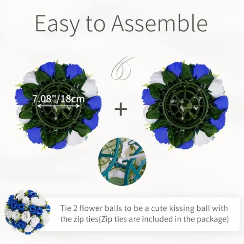 Vista 6 de Bolas de flores para centros de mesa, rosas de boda, 2 bolas de rosas artificiales con base, bola de flores falsas azul real, bola de beso, floral