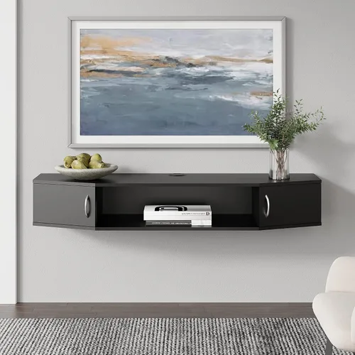 Vista 3 de FITUEYES Soporte flotante para TV montado en la pared, estante de TV con puerta, consola multimedia de madera, centro de entretenimiento debajo