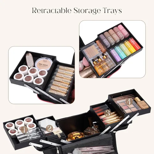 Vista 4 de Yueieoun Estuche de Maquillaje Grande para Tren, Organizador de Maquillaje, Caja de Maquillaje, Estuche Cosmético Suave de 4 Niveles para Maquillaje