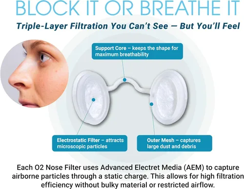 Vista 3 de Filtros de nariz O2 con filtración 3M, pantallas nasales para alergias, polvo y humo, filtros nasales sin drogas y sin látex, protección invisible