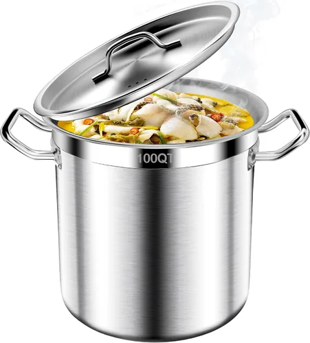 Vista 10 de Olla de acero inoxidable de 20 cuartos de galón con tapa, parte inferior de tres capas resistente de grado comercial olla grande y ollas para hervir