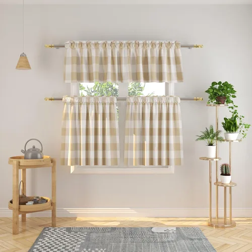 Vista 6 de Cenefas de cortina para ventana de 16 pulgadas de largo, 2 paneles de cuadros búfalo, cortinas pequeñas con bolsillo para barra, estilo clásico