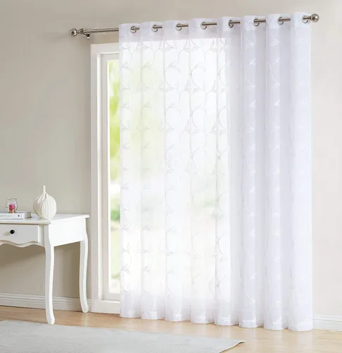 Vista 7 de LINENZONE Cortina de patio transparente blanca para puertas correderas con bordado de hojas de carbón gris. Extra ancha para patio, puertas