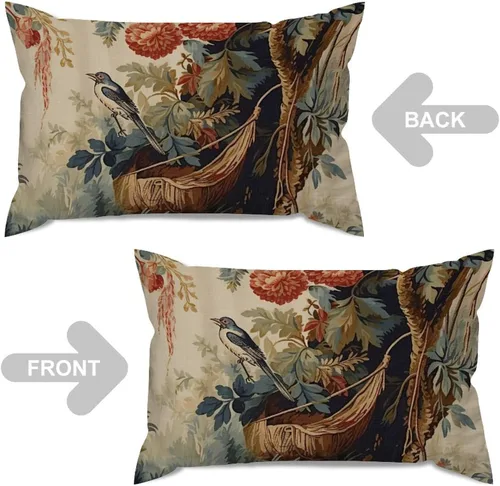 Vista 4 de ArogGeld Funda de cojín lumbar asiática de estilo chinoiserie, de lino marrón, pájaro y flor, funda de cojín asiática para sofá, silla de automóvil