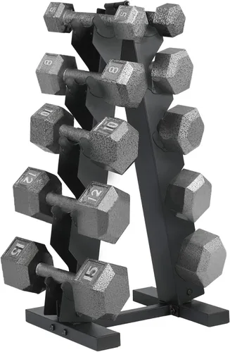 Vista 9 de HolaHatha Hexagonal Dumbbell Free Hand Weight Set w/Rack Negro