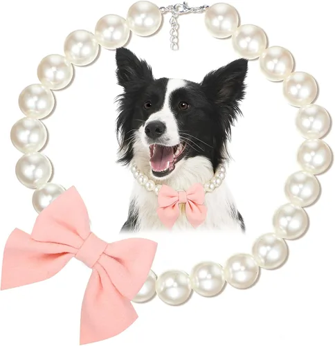 Vista 8 de LEIFIDE Collar de perlas para perro, joyería con colgante de lazo rosa, collares de perlas elegantes, collar ajustable para perros y gatos, collar