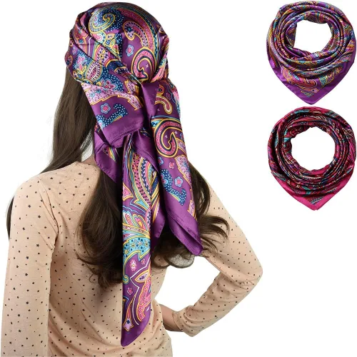 Vista 21 de corciova - Bufanda cuadrada grande para mujer, diadema sedosa para cabello rizado, lazo para dormir por la noche, bandana a la moda, 35 x 35