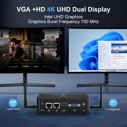 Vista 3 de HISTTON Mini PC N100 Win 11 Pro, Mini computadora industrial sin ventilador, DDR4 8 GB RAM 128 GB SSD, PC pequeña, LAN dual, WiFi 5, BT4.2, 2 RS232