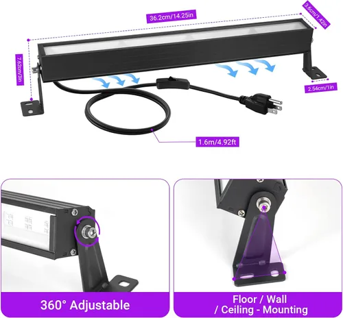 Vista 3 de Barra de Luz Negra LED de 38W Barras de Luz Negra con Enchufe e Interruptor Ilumina Área de 22x22 pies para Fiesta Fluorescente Fiestas de Halloween