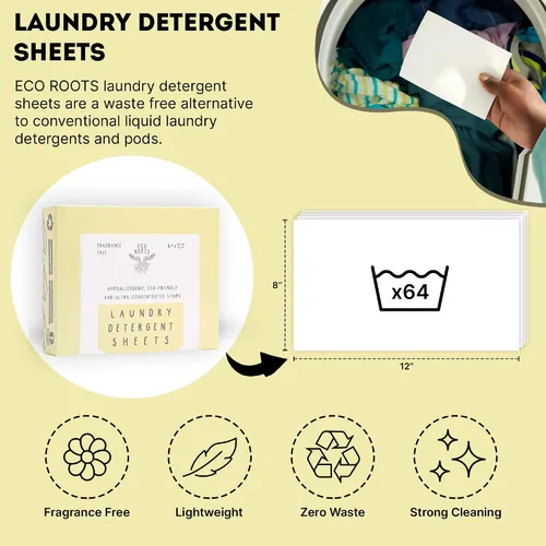 Vista 3 de ECO ROOTS Hojas de detergente para ropa de 64 cargas Hojas ecológicas sin perfume, detergente para ropa de tamaño de viaje sin líquido, sin