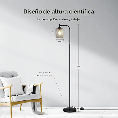 Vista 5 de Lámpara de pie industrial BoostArea, lámpara de pie con pantalla de malla de hierro colgante, bombilla LED de 6 W, lámpara de pie de granja metálica