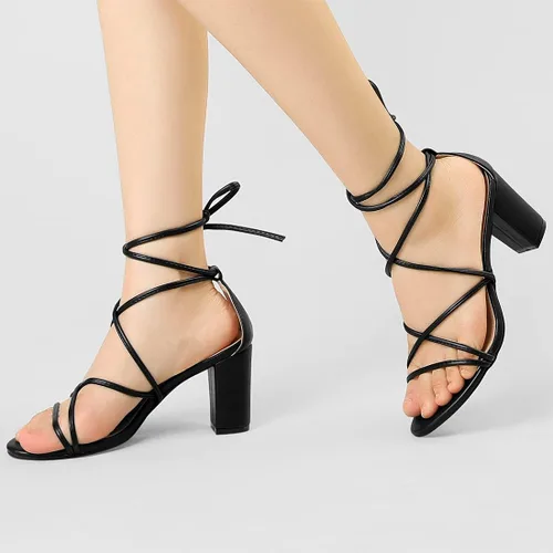 Vista 2 de Allegra K - Sandalias de tacón grueso con tiras delgadas para mujer