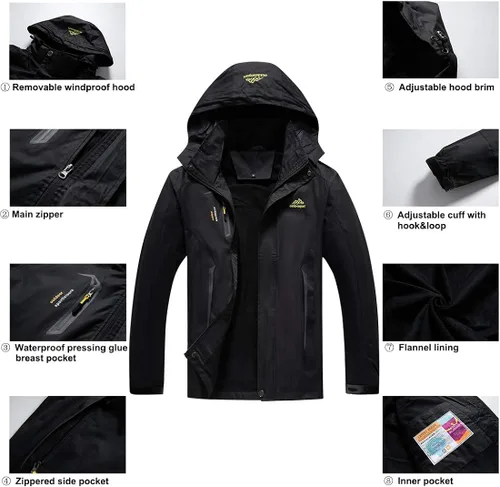 Vista 6 de JOGERBRO Chaqueta impermeable para hombre con capucha para senderismo pesca resistente al viento