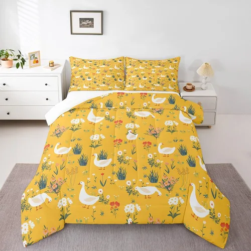 Vista 25 de Erosebridal Juego de ropa de cama a cuadros azul para niños, juego de cama individual con diseño de patos amarillos de dibujos animados, juego