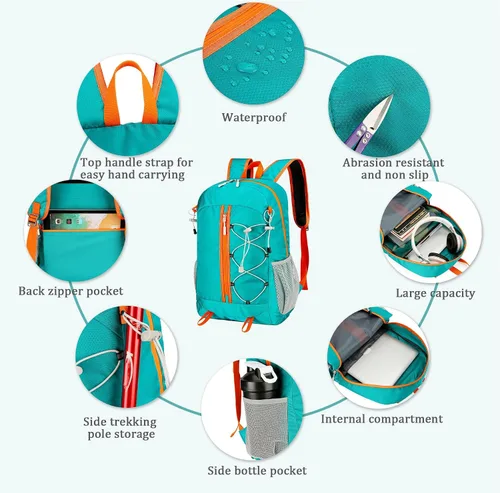 Vista 3 de Mochila plegable ultraligera resistente al agua para viajes, campamento al aire libre, 25L, 5